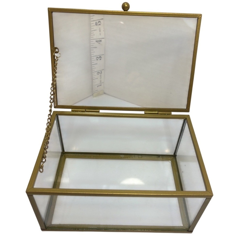 Gold Brass Glass Jewelry Box Rectangular Hinged Display Keepsake Case Vintage - Picture 4 of 10
